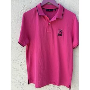 Psycho Bunny Mens Pink Pique Short Sleeve Polo Shirt Navy Tipping Logo Size 5 M